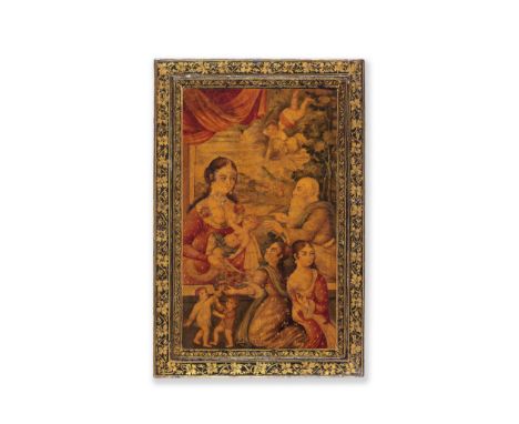 A Qajar lacquer mirror case depicting the Holy Family Persia, 19th Centuryof rectangular form with lifting cover, decorated i