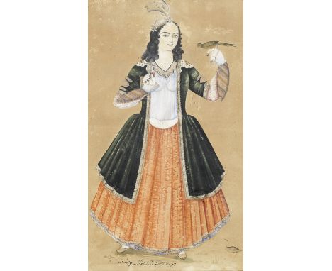 A maiden with a parrot, attributed to Muhammad Isma'il Qajar Persia, dated AH 1269/AD 1852-53watercolour on paper, inscribed 