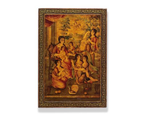 A Zand or Qajar lacquer mirror case depicting the Holy Family possibly by  Muhammad Sadiq Persia, 18th/ 19th Centuryof rectan