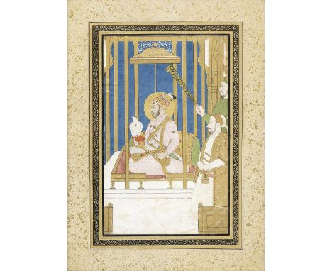 The Emperor Farrukhsiyar (reg. 1713-19) holding a falcon, seated on a terrace with a courtier and an attendant holding a flyw