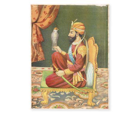 Guru Gobind Singh seated with a falcon Chitra Shala Steam Press, Poona, circa 1900oleograph on paper laid down on card, capti