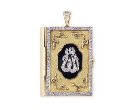 A diamond and ruby-set Qur'an case pendant containing a miniature Qur'an Retailed by Adler, Geneva, 20th Centuryin the form o