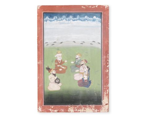 Guru Nanak seated in a landscape with Mardana and three devotees, perhaps an illustration from a Janamsakhi manuscript North 