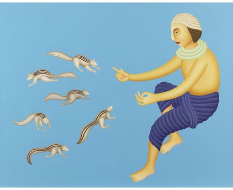 Manjit Bawa (Indian, 1941-2008)Untitled (Man with squirrels) oil on canvas, framedsigned and dated 1992 verso121 x 152cm (47 