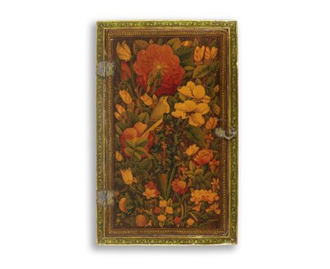 A Qajar lacquer mirror case Persia,  19th Centuryof rectangular form with hinged lid and clasp, decorated in polychrome and g