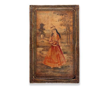 A Qajar lacquer mirror case depicting the dervish Nur 'Ali Persia, 19th Centuryof rectangular form with lifting cover, decora