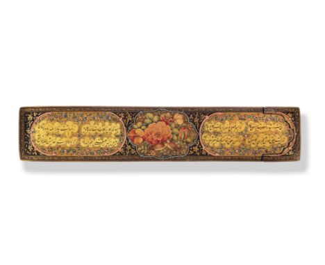 A Qajar lacquer calligraphic penbox (qalamdan),  presented to Husayn Quli Khan  Persia, late 19th Centuryof rectangular form 
