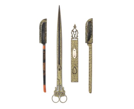 A set of Ottoman gold-damascened steel calligrapher's tools Turkey, 19th Centurycomprising a pair of scissors, a pen-rest and