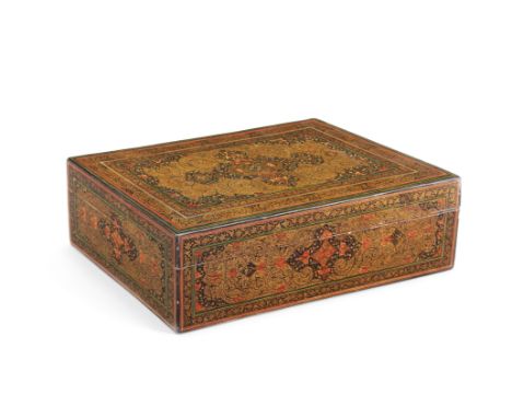 A Qajar lacquer box by Ma'sum 'Ali Persia, dated AH 1325/AD 1907of rectangular form with lifting lid, decorated in polychrome