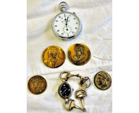 Vintage Watches and medallions - Heno ladies wrist watch and Heuer stop watch with many commemorative medallions, Queen Victo