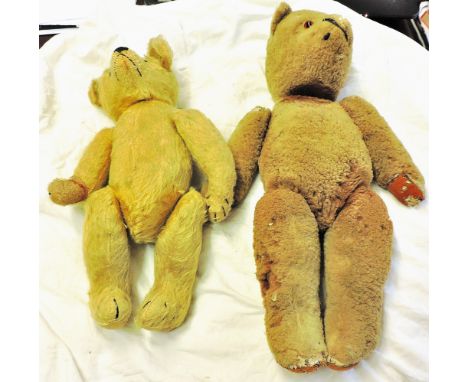 Vintage Teddy Bears (2) 1/ 30cm Mohair felt pass woodwool stuffing glass eyes handstitched nose jointed worn. 2/ 130cm Plush 