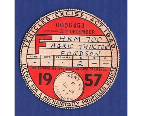 1957 31st December (Annual)&nbsp;Tax Disk&nbsp;Fordson Rare 'Farmers' Tax Disc. Reg: HKM 700. Licensed by Kent C.C. Licence N