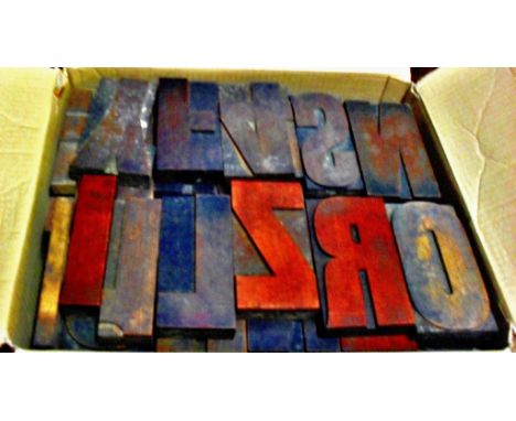 Vintage wooden printing blocks In four boxes, some larger alphabets - heavy lot!