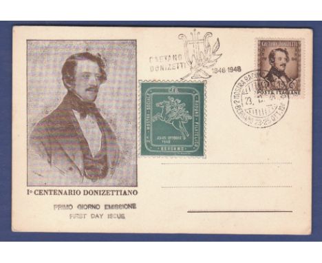 Italy/Music - 1948  Donizetti (composer) Centenary First Day Issue Postcard with special h/s and C.F.B. Society adhesive.