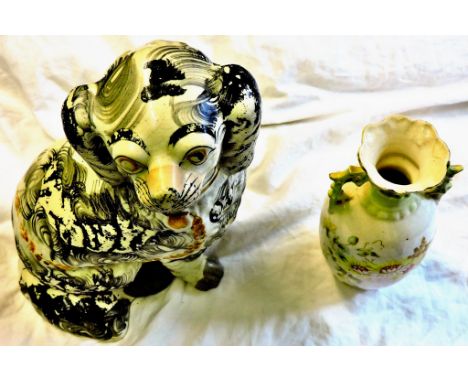 Antique Ceramic Staffordshire Dog (Damaged) hand painted, 9" High &amp; a Mid. Victorian small hand painted vase, 6&frac12;" 