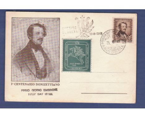 Italy/Music - 1948  Donizetti (composer) Centenary First Day Issue Postcard with special h/s and C.F.B. Society adhesive.
