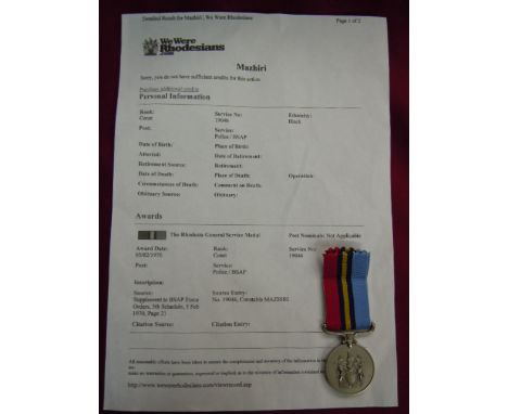 Rhodesia General Service medal, named to Constable Mazhiri who was in the BSAP.