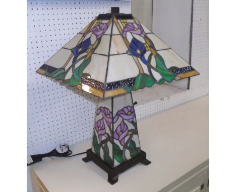 TABLE LAMP, Tiffany style shade and stand on a decorative metal base, 59cm H, shade 40cm x 40cm.