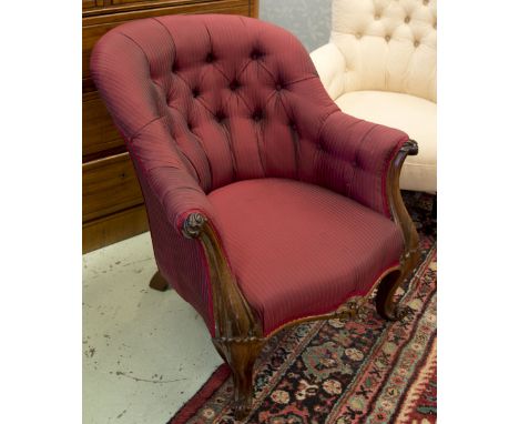 ARMCHAIR, mid Victorian rosewood in button backed dark red uphoolstery, 75cm W.
