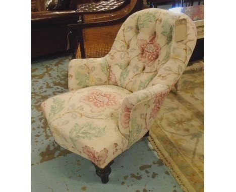 ARMCHAIR, Victorian ebonised button back with floral fabric on turned supports, 75cm W. (with faults)