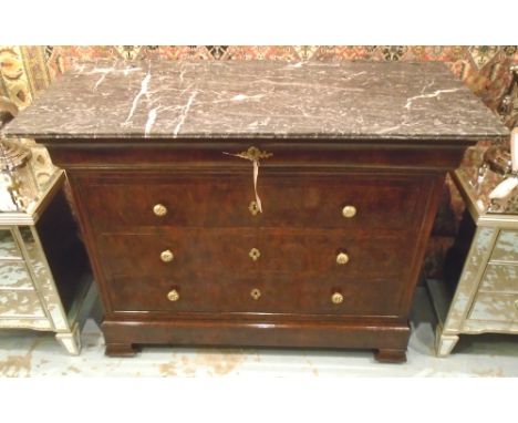 COMMODE, 19th century French Louis Philippe figured walnut with four long drawers and grey marble top, 123cm x 55cm x 92cm H.