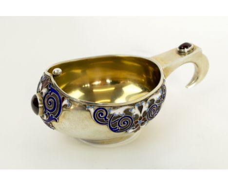 RUSSIAN KVOSCH, hallmarked silver with coloured enamel and faux jewel decoration, gilt interior, 11.25cm L x 3.5cm H max.