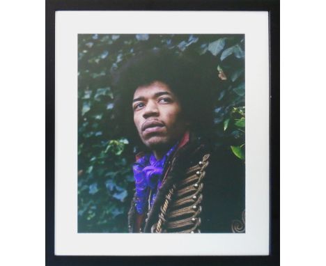 JIMI HENDRIX IN MONTPELIER GDNS LONDON 1967 WITH HUSSAR JACKET, close up photo by Eve Bowen, 54cm x 43cm, framed and glazed.
