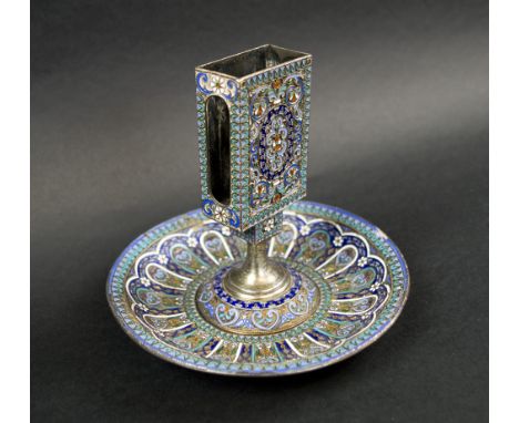 RUSSIAN MATCHBOX HOLDER/ASH TRAY, hallmarked silver and coloured enamel, 11cm H overall.