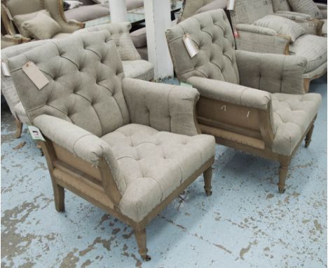 ARMCHAIRS, a pair, button back, with open back on front castors, 80cm W. (2)