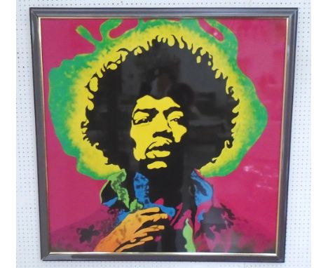 LACQUERED PANEL, of Jimi Hendrix in frame, 108cm x 108cm. (with faults to frame)