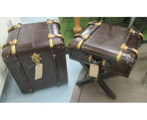 TRUNK, Ralph Lauren style in tanned leather, 46cm x 46cm x 57cm H, plus a matching side table with drawer on 'x' framed suppo