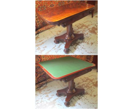 CARD TABLE, early Victorian flame mahogany with foldover baize-lined top, column and base, 90cm W x 45cm D x 75cm H.