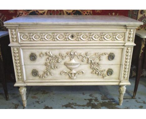 COMMODE, 19th century style Italian grey painted with three carved drawers and white marble top, 87cm H x 112cm W x 54cm D.