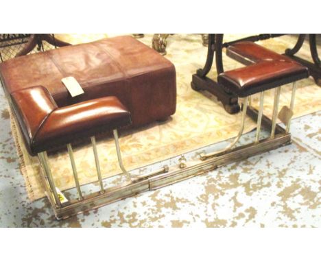 ADJUSTABLE CLUB FENDER, Vintage tan leather pads varied upon silvered, shaped balustrade, 51cm H x 44cm D x 133cm min 160cm m
