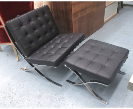 BARCELONA STYLE CHAIR AND STOOL, in a black buttoned finish on chromed supports as originally designed by Ludwig Mies Van der