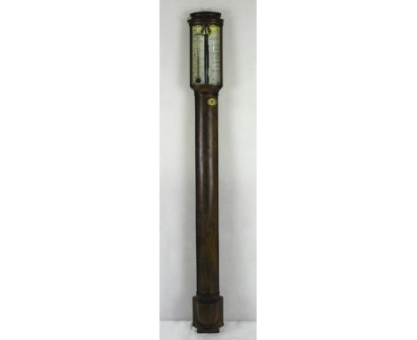 A George III mahogany bow front stick barometer: 
By J Huggins, Colchester, with inscribed ivory scale and thermometer, ivory