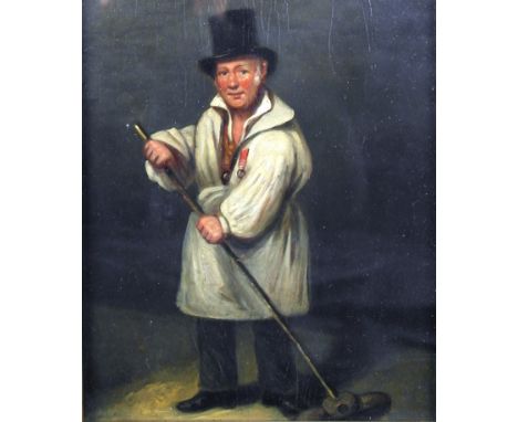 English School (19th century): Portrait of a gentleman, said to be JMW Turner, sweeping his studio, oil on panel, H 33 x W 27