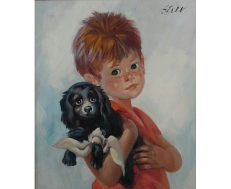 John Strevens (British, 1902-1990):
Portrait of a boy holding a dog, oil on canvas, signed upper right, H 44 x W 39 cm; toget