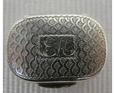 A Good George III Miniature Silver Vinaigrette of Oval Cushion Shape:
with bright-cut engraved fish scale decoration to the l