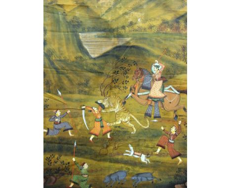 Indo-Persian School (19th century):
A gouache on silk depicting Arab warriors hunting a tiger in a landscape, H 39 x W 29.5 c
