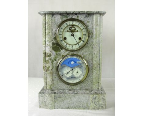 An unusual large  marble two-dial moon faced mantel clock:
White enamel chapter ring, eight day movement, the lower dial with