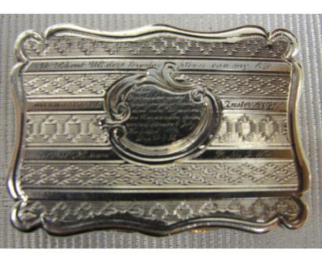 A Very Unusual Victorian Silver Vinaigrette of Shaped Rectangular Form:
with crisp engine turned decoration in bands to the b