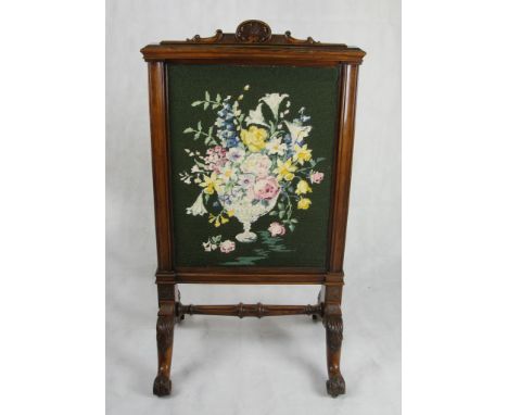 A Victorian Mahogany Three Sided Firescreen with Floral Tapestry Panel