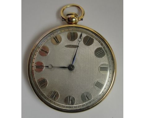 A Breguet Marked Gold Quarter Repeater Pocket Watch:
Drum case marked 18 k, with engine turned Roman Numeral dial, with "Breg