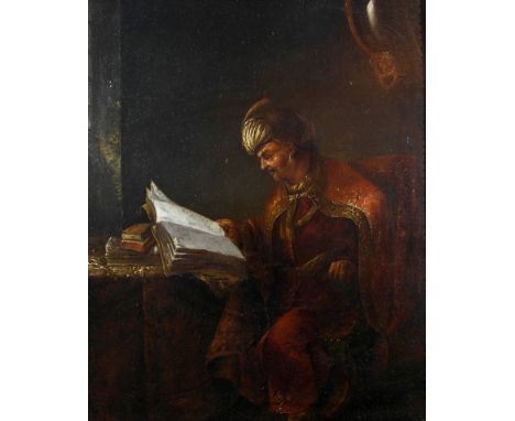Circle of Rembrandt Harmensz van Rijn (Dutch, 1606-1669):
Portrait of a scholar in robes & a turban reading at a desk, oil on