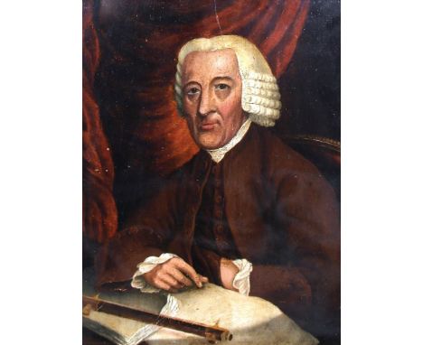 English School (18th century): 
Portrait of a gentleman at his desk, oil on panel, H 17 x W 25 cm.  Provenance: the collectio