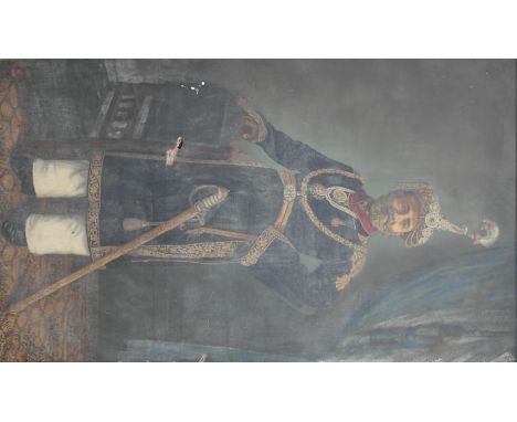Anglo-Indian School (19th/20th century):
A full length, life size portrait of a Maharaja, in full princely attire, elaboratel