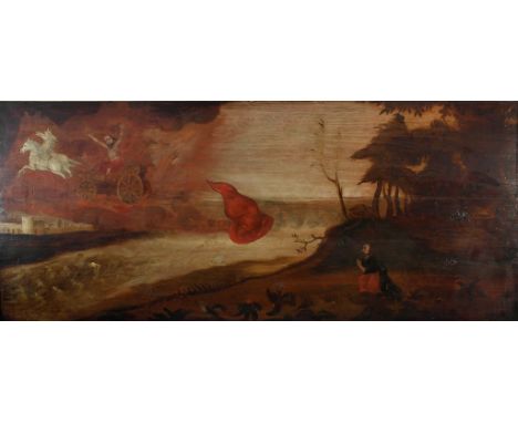 Naïve School (16th/17th century): 
Elijah mounting his chariot & throwing his cloak to Elisha, oil on panel, H 55 x W 126 cm.