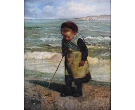 Alexander Mark Rossi (Corfu 1870-1916 London):
A boy playing with a crab on a beach with the coast beyond, oil on canvas, sig
