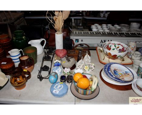 A wooden trinket box, a barometer, Wedgwood jasperware, paperweights, bird ornaments, vases etc